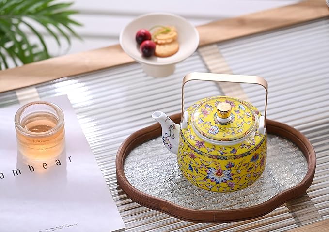 Antique Ceramic Teapot Coffee Pot with Infuser, 400ml (1-2 cups) Small Porcelain Tea Pots for Loose Leaf Tea, with Removable Stainless Steel Strainer and Lid for Gift (Yellow(Handle))