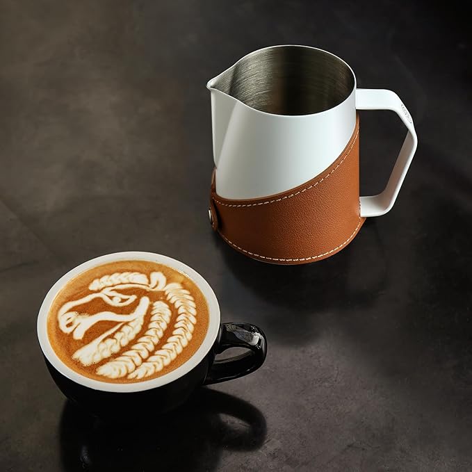Milk Frothing Pitcher 450ml/16oz 304 Stainless Steel Espresso Steaming Pitcher with PU Leather, Milk Frothing Jug,milk frother cup,Milk Jug Cup,Premium Barista Tools,Latte Art (WHITE,20oz)