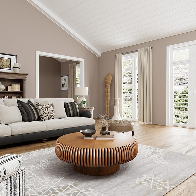 Round Fluted Coffee Table Modern Handcraft Drum Coffee Table with Sturdy Pedestal 39.37" Farmhouse Center Table Tea Table for Living Room, Reception Room, Entertainment Room (Brown 39.37")