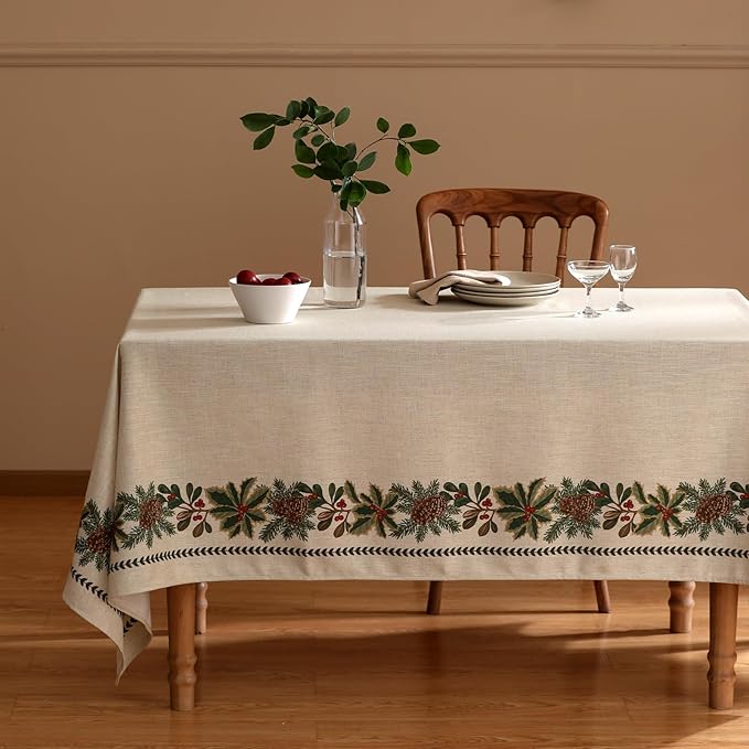 Designer Christmas Linen Extra Long Rectangle Tablecloth,Light Beige Western Table Cloth,Wrinkle Resistant Decor Tablecloths for Dining Thanksgiving Kitchen Christmas,63"*110"-Carol G