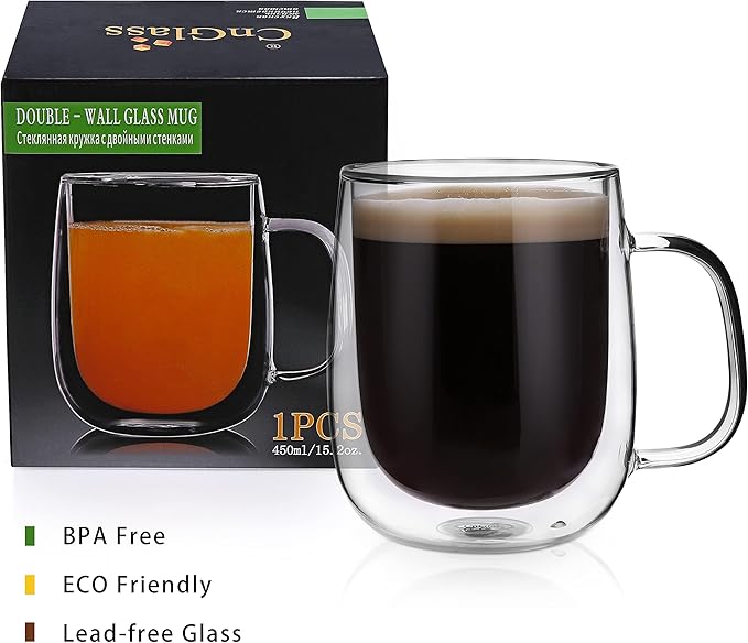 CNGLASS Large Double Wall Glass Coffee Mug 15.2oz,Clear Insulated Glass Espresso Cup with Big Handle,set of 1