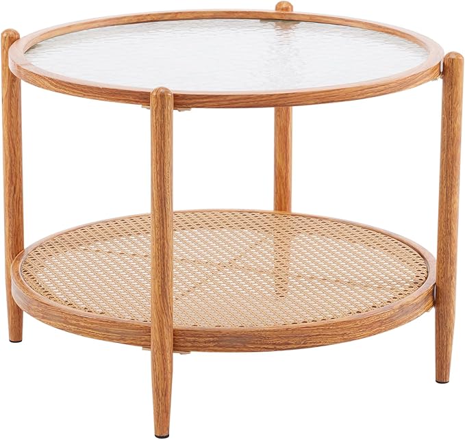 VINGLI 25.6" Rattan Coffee Table, Round Water-Wave Glass Metal Center Table, Modern Coffee Table with 2-Tier Storage, Farmhouse Circular Table for Living Room and Small Space, Natural Vibe