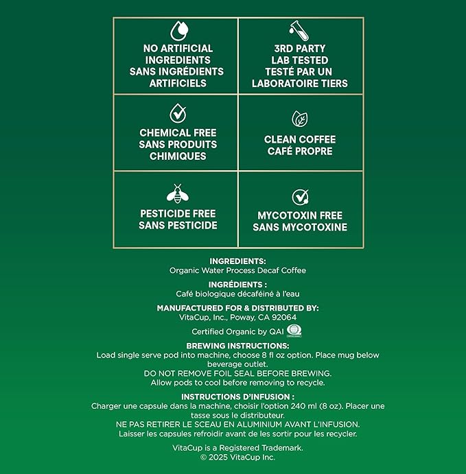 VitaCup Organic Perfect Dark Roast Decaf Coffee Pod for Pure & Clean Energy, Antioxidants, Low Acid, Peru Single Origin in Recyclable Single Serve Pod compatible w/Keurig K-Cup Brewers,16CT