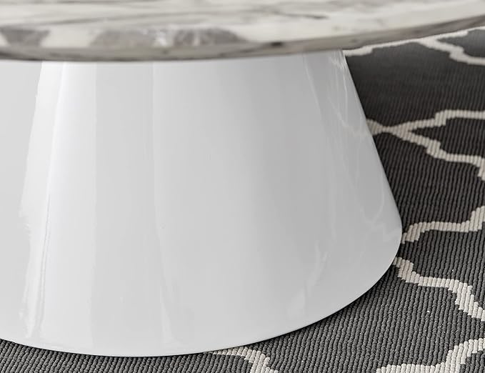 Coffee Table - Palma Round Coffee Table - Contemporary Minimalist Coffee Table with Tapered Central Pillar - White Marble-Effect Finish - Living Room Furniture