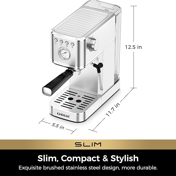 CHULUX Slim Espresso Machine with Milk Frother Steam Wand, 20 Bar Professional Italian Pump Espresso Coffee Machine for Home Cappuccino & Latte Maker, Silver