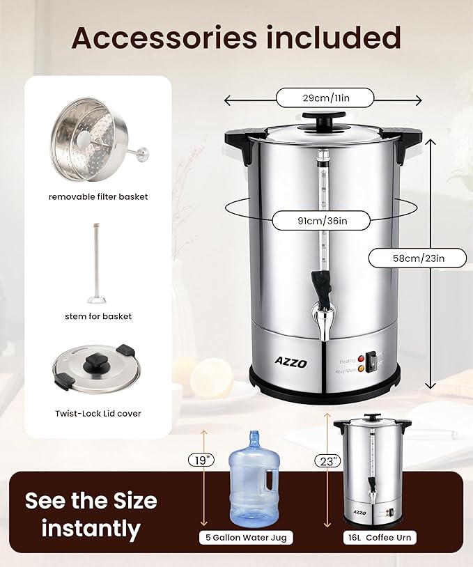 Commercial Coffee Maker 110-Cup Large Percolator Coffee Pot Electric Dispenser, Double Wall Stainless Steel Hot Water Urn for Quick Brew with No-Drip, 16L Cup Scale for Catering Events