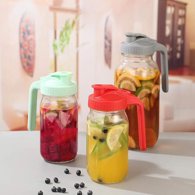 Glass Pitcher with Lid, 64 OZ Mason Jar Pitcher Double Leak Proof, 2 Quart Breast Milk Storage Containers for Fridge, Wide Mouth Glass Jar for Sun Tea, Juice, Cold Brew Coffee