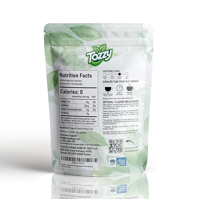Tozzy Organic Unsmoked Yerba Mate Tea - 100 Count | Pyramid Tea Bags (Plant-Based & Eco-conscious) | Caffeine-Powered | Pure Ingredients