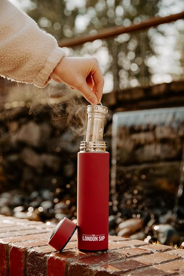 London Sip Multi-Purpose Travel Mug and Tumbler Fruit Infused Flask Hot and Cold Double Wall Stainless Steel Thermos with Extra-Long Infuser, Sacred Red, Pack of 2