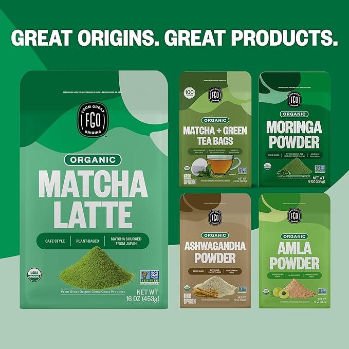 FGO Organic Matcha Latte Powder, 4 Ounce Resealable Bag, Japanese Matcha with Organic Cane Sugar, Lightly Sweetened, Packaging May Vary (Pack of 1)