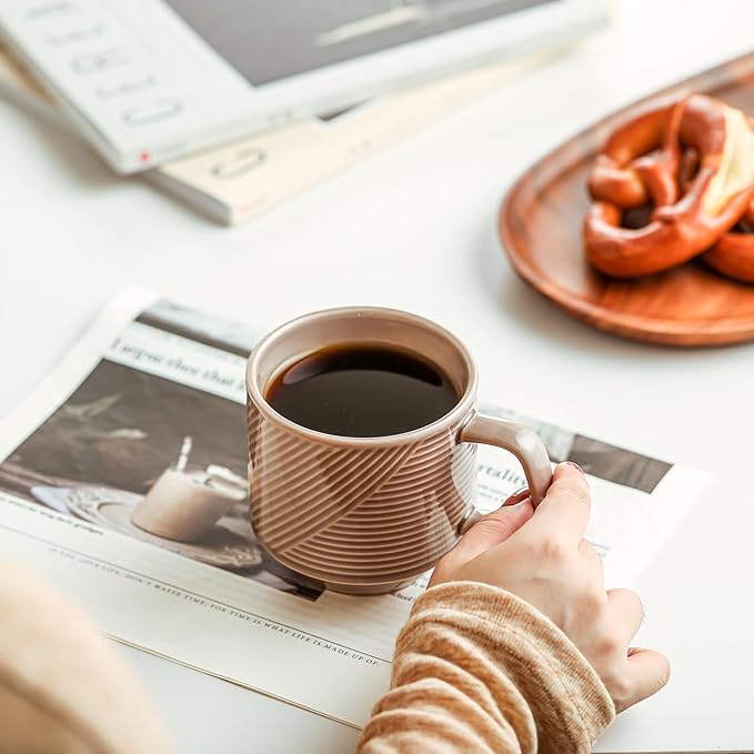 Stackable Coffee Mugs Set: 13 oz Ceramic Stacking Cups for Cappuccino Latte Tea - Microwave Safe Mug for Home & Office - 4 PCS, Grey