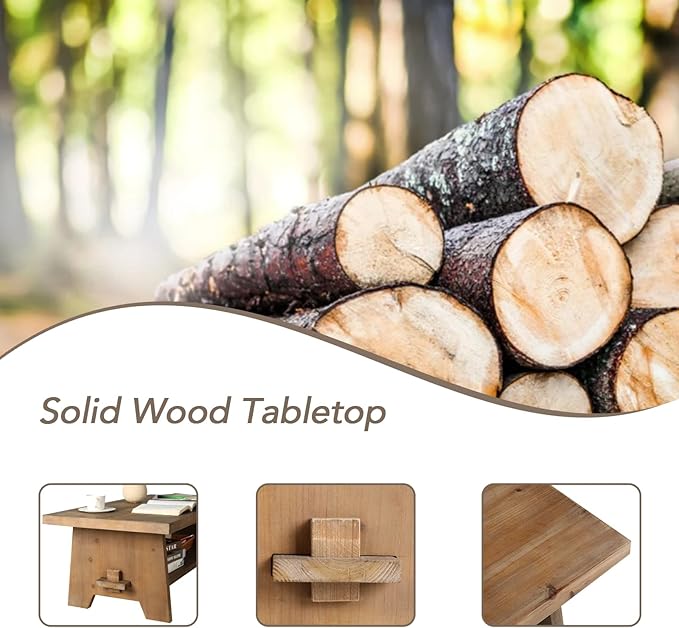 Farmhouse Wood Coffee Table - 43.4” Mid Century Modern Wooden Coffee Tables for Living Room, Solid Firwood Tabletop Rectangle Coffee Table, Center Table for Living Room, Brown