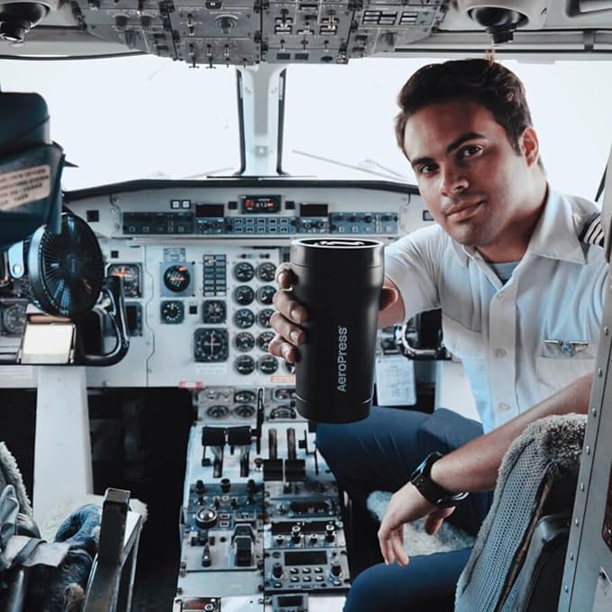 AeroPress Stainless Steel Travel Coffee Tumbler - Double-Wall Insulation for Hot or Cold Drinks with a Splash-Resistant Lid and Built-In Filter Storage, Cup Holder Friendly - 16 oz, Black