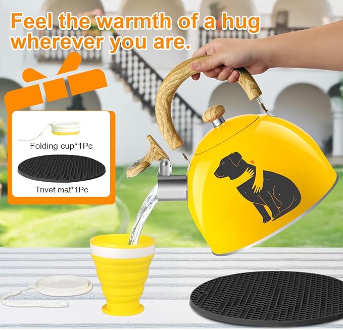 ARC Stainless Steel 2-Quart Whistling Yellow Tea Kettle with Magic Color Changing Design, Stovetop Teapot With Folding Cup & Trivet Mat