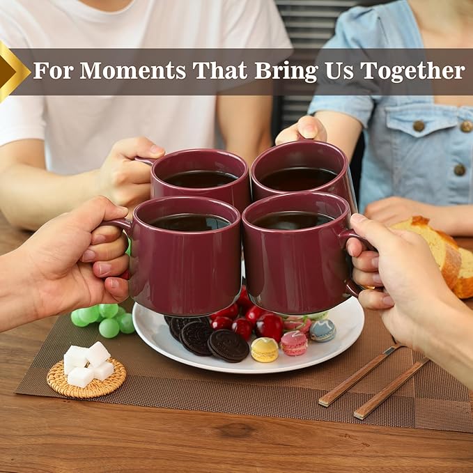 Large Coffee Mugs Set of 4, 19 oz Stackable Ceramic Coffee Mug, Coffee Cups with Large Handle for Latte, Cappuccino, Milk, Tea, Dishwasher & Microwave Safe, Ideal Gift for Men, Women - Red