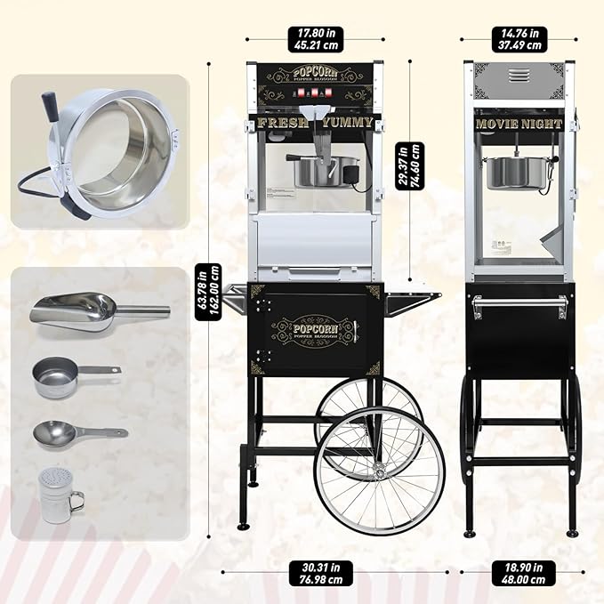 20oz Popcorn Machine with Cart, Wheels & Stainless Steel Kettle, Vintage Movie Theater Style, Popcorn Maker Machine for Parties, Events, Home & Commercial Use, Black
