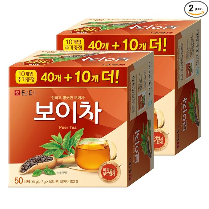 Damtuh Korean Pu-erh Tea – Aged & Smooth Dark Tea, Full-Bodied Earthy Flavor – 50 Tea Bags (0.7g each, Pack of 2)