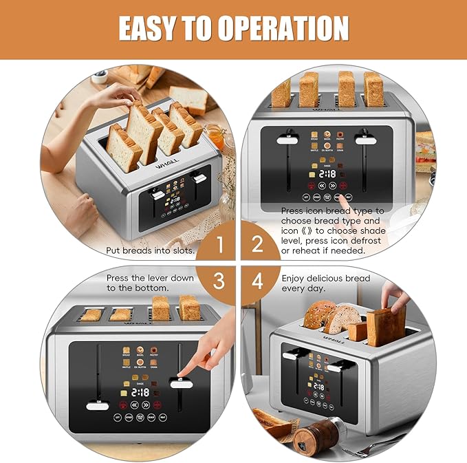 whall 4 Slice Touch Screen Toaster, Stainless Steel Toasters Digital Timer, Dual Control Panel Toasters,6 Shade Settings&6 Bread Types, Smart Wide Slots, Bagel, Cancel, Defrost,Stainless Steel