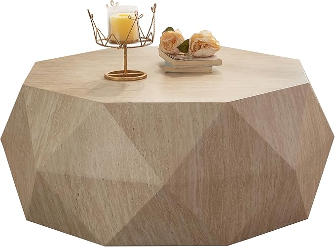 38.58" Modern Farmhouse Coffee Table, Drum American Retro Style Coffee Table for Office, Dining Room and Living Room, Natural