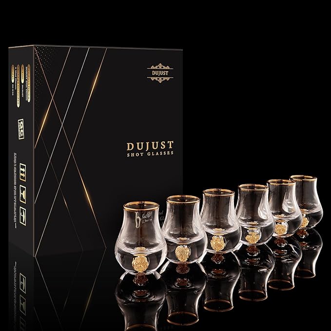 【2025 New Design】DUJUST Elegant Curvaceous Shot Glass(1.5oz), Crystal Shot Glass Set Decorated with 24K Gold Leaf Flakes BPA-Free & Lead-Free, Perfect for Décor & Collection, Gift Choices - 6 pcs