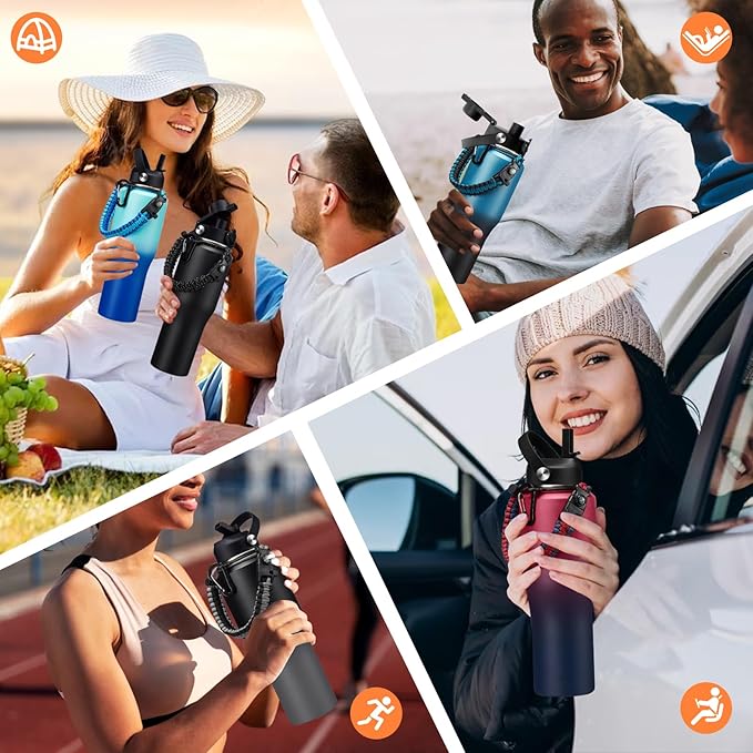 32 oz Insulated Water Bottle - Fits in Car Cup Holder, Cold 48H Hot 24H, Leakproof Stainless Steel Water Bottles with Straw & Pop-up Spout Lid, Paracord Handle, Bottle Holder Bag & Flask Boot