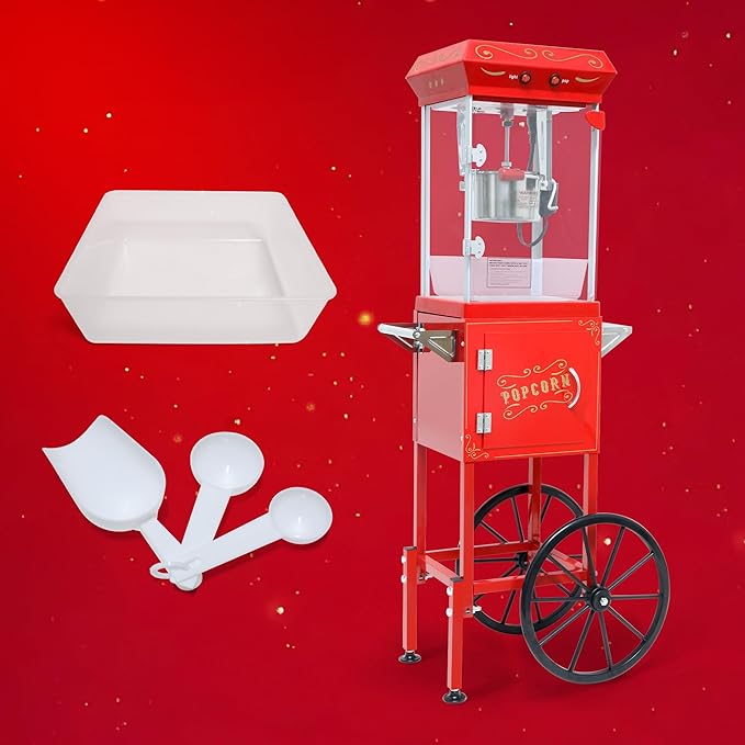 Commercial Popcorn Machine with Cart & 8 Oz Pot, Stainless Steel Vintage Style Popcorn Maker with Wheels, Lockers & Oil Spoon for Home Theater, Parties, Business