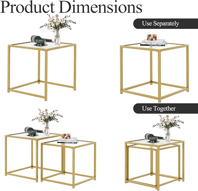 VILAWLENCE Coffee Table Set of 2, Modern Gold Patterned Glass Side Table, Metal Frame Square End Table, Center Tables Nesting Coffee Table for Living Room,Bedroom and Small Spaces