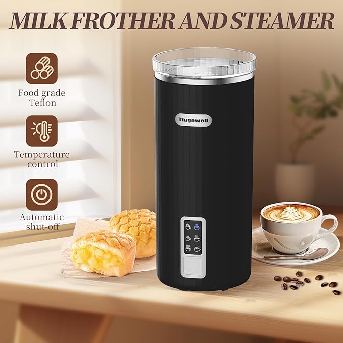 Milk Frother, 6-in-1 Electric Milk Frother and Steamer, 8.5oz/250ml Hot and Cold Foam Maker and Milk Warmer with Auto Shut-Off & Screen Display for Latte, Cappuccinos, Macchiato, Coffee (Black)