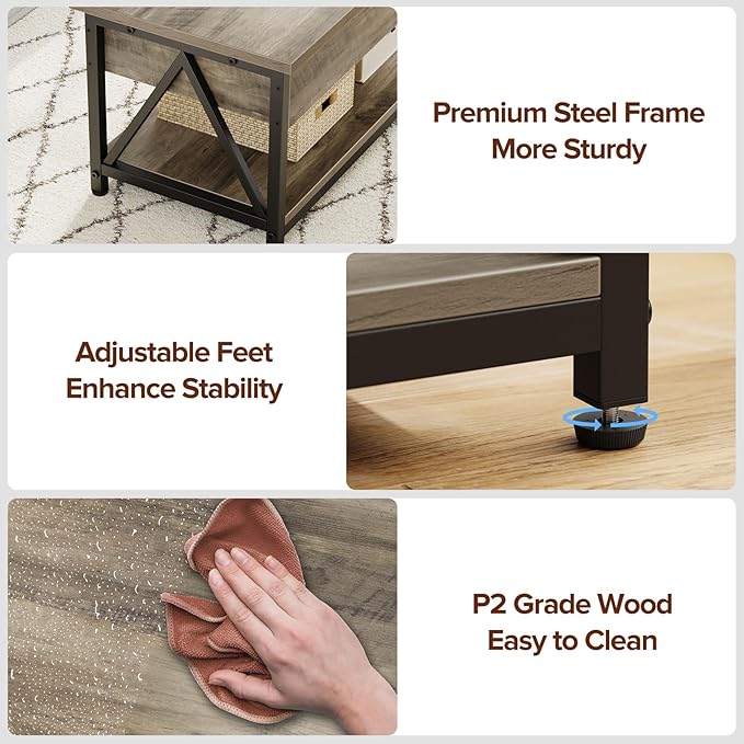 Lift Top Coffee Table,Lift Coffee Table with Storage Shelf and Large Hidden Compartment for Living Room,Lifting top Coffee Tables for Small Space,Grey