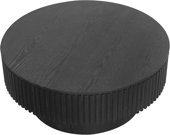31.5 Inch Round Drum Coffee Table with Storage, Modern Handcraft Fluted Drum Coffee Table, Wooden Round Coffee Table Center Table with Sturdy Pedestal for Living Room Apartment (Black)