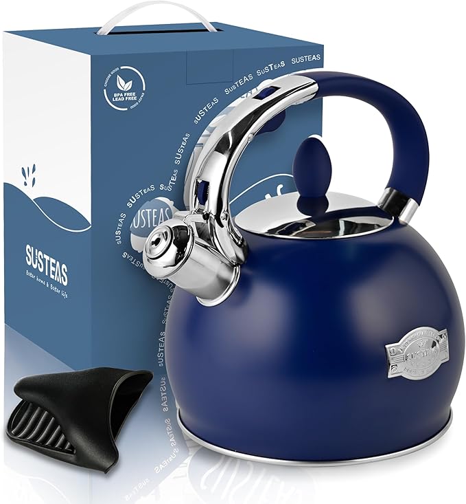 SUSTEAS Stove Top Whistling Tea Kettle - Food Grade Stainless Steel Teakettle Teapot with Cool Touch Ergonomic Handle, With 1 Silicone Pinch Mitt Included, 2.64 Quart,NAVY BLUE