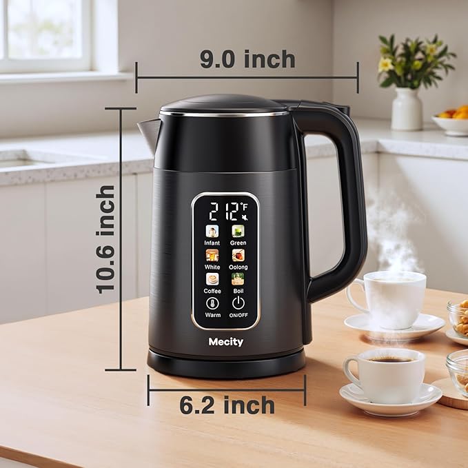 Mecity Electric Kettle Touch Screen Temperature Control Water Boiler, No Plastic Contact with Water. 6 Preset Temperature Programs, 2 Hours Keep Warm, 1.7 Liter Dark Grey