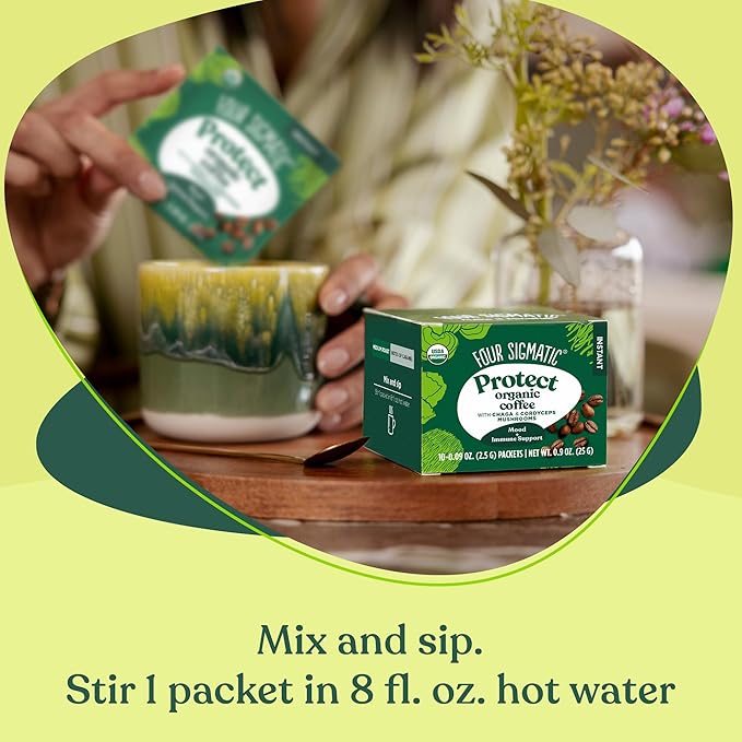 Organic Instant Coffee Powder by Four Sigmatic | Arabica Instant Coffee Singles with Cordyceps, Chaga and Eleuthero | Mushroom Coffee Instant Mix for Better Focus and Immune Support | 10 Packets