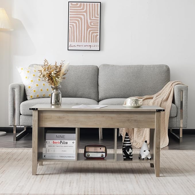 VINGLI Farmhouse Lift Top Coffee Table, Rustic Grey with Storage Shelf/Hidden Compartment, Mesa De Centro para Sala