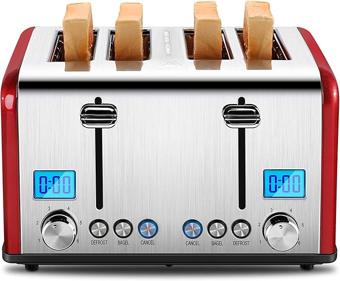 Roter Mond Countdown Stainless Steel 4 Slice Toaster with Bagel, Defrost, Cancel Function, Dual Toaster, Extra Wide Slots, 6 Shade Settings, Removable Crumb Trays, 1650W, Red