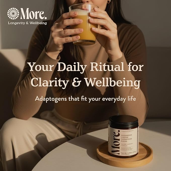 More. Longevity & Wellbeing Mushroom Coffee Superfood – 7 Functional Mushrooms with Lion’s Mane, Reishi, Chaga & Ashwagandha Extract, Instant Coffee Alternative with Prebiotics and Essential Vitamins for Focus & Energy, Salted Caramel Vanilla
