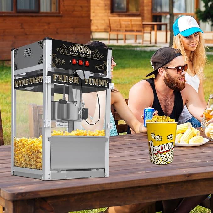 Commercial Popcorn Machine with Cart, Wheels & 20 Oz Kettle, Popcorn Maker Machine Vintage Style Movie Theater Popcorn Popper Machine for Parties, Events, Commercial, and Home Theater