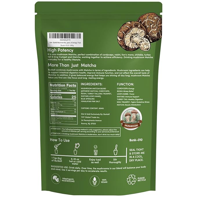 Bunkell Mushroom Matcha, Adaptogenic 6 Mushrooms Mix w/Japanese Matcha, Ceremonial Powder Blend with Lion's Mane, Reishi, Cordyceps & Shiitake for Energy, Focus & Immune Support, 30 Servings 1 Pack