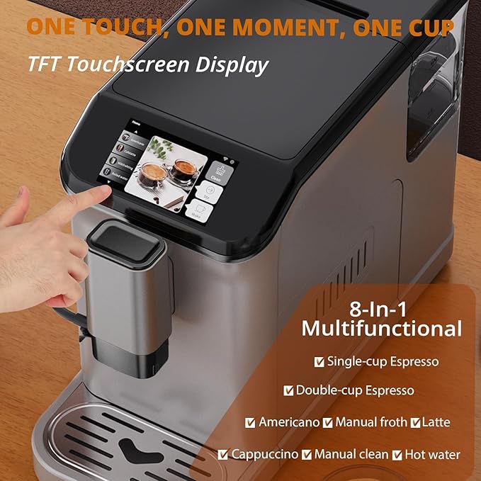 Full Automatic Espresso Machine with Touchscreen, 20-Bar Espresso Machine with Grinder & Milk Frother, 1.5l Removable Water Tank & 15 Grind Settings, for Cappuccino, Latte & Espresso