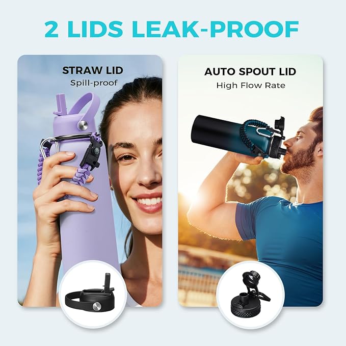 Stainless steel Water Bottle 40OZ - with Straw & Spout Lids, Paracord Handle, Shoulder Carrier Bag, Vacuum Insulated Water Jug, Leak Proof Metal Waterbottle for Sports Gym Yoga Workout Travel Hiking
