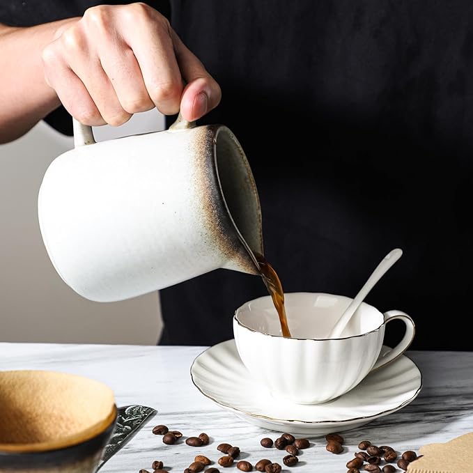 Pour Over Coffee Maker, Ceramic Coffee Dripper 20oz/620ml, with 50 pcs V60 Paper Filter, Drip Coffee Brewer, Vintage-Style (white, 1)