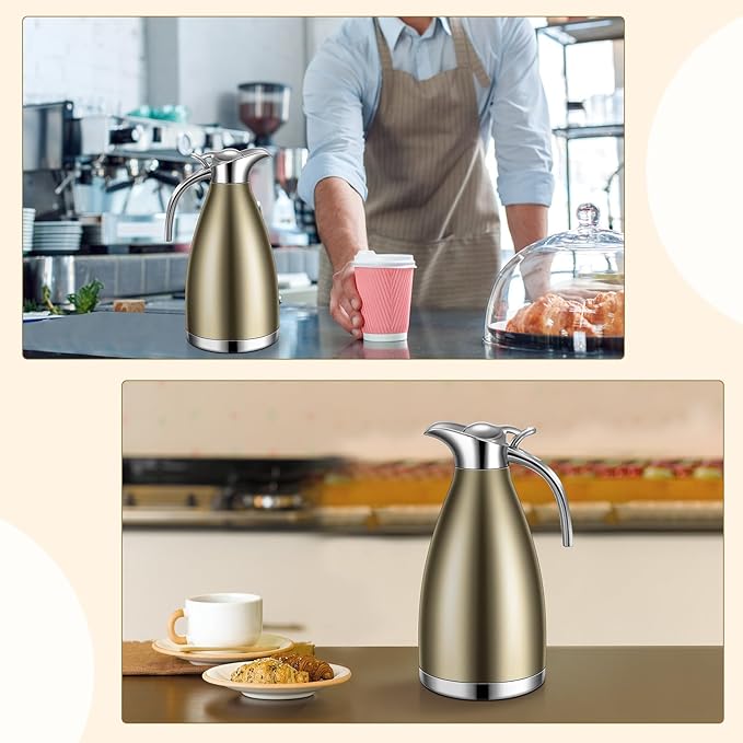 Uiifan 2 Pcs 68 oz Thermal Coffee Carafe Insulated Stainless Steel Coffee Carafe for Hot Liquids Vacuum Thermal Pot Creamer Dispenser with Brushes Keeping Hot Tea Milk Water(Champaign Gold)