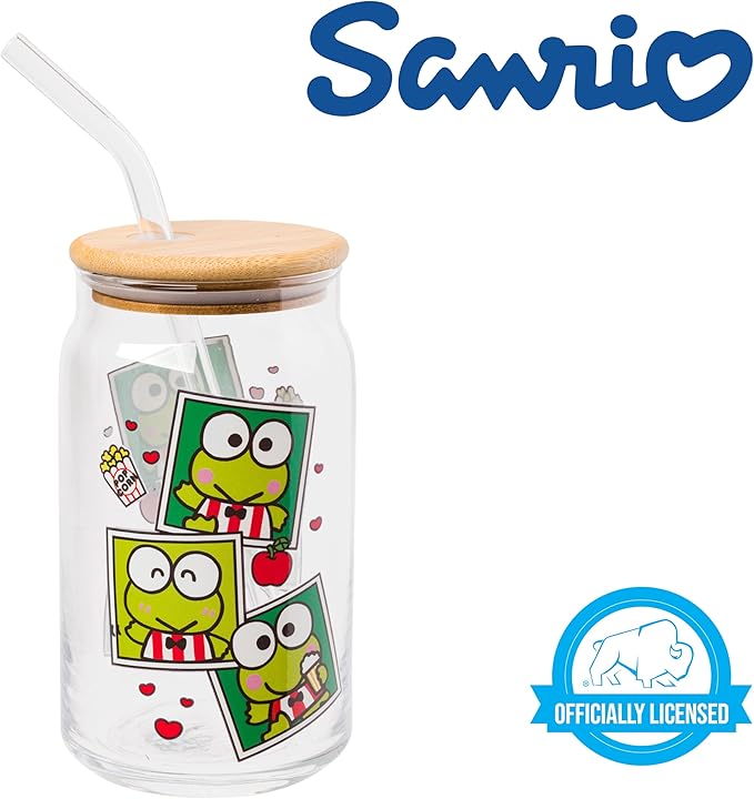 Silver Buffalo Sanrio Hello Kitty and Friends Keroppi Polaroids Glass Jar Tumbler with Bamboo Lid and Glass Straw, 16 Ounces