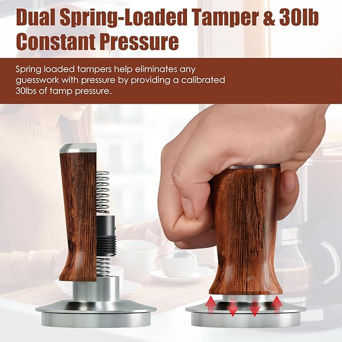 58.5mm Espresso Hand Tamper, Dual Calibrated Spring Loaded Coffee Tamper with Stainless Steel Ripple Base, Pro-barista 30lbs Espresso Tamper with Red Rosewood Handle Fits 58mm Portafilter
