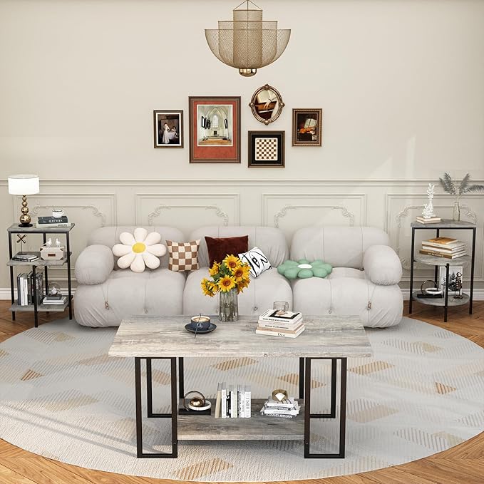 Lamerge Coffee Table Set of 3,Rectangle Coffee Table&2 Accent Table,Faux Marble Tabletop,3 Piece Living Room Table Sets with Multi Tier Storage, for Small Space, Apartment, Gray