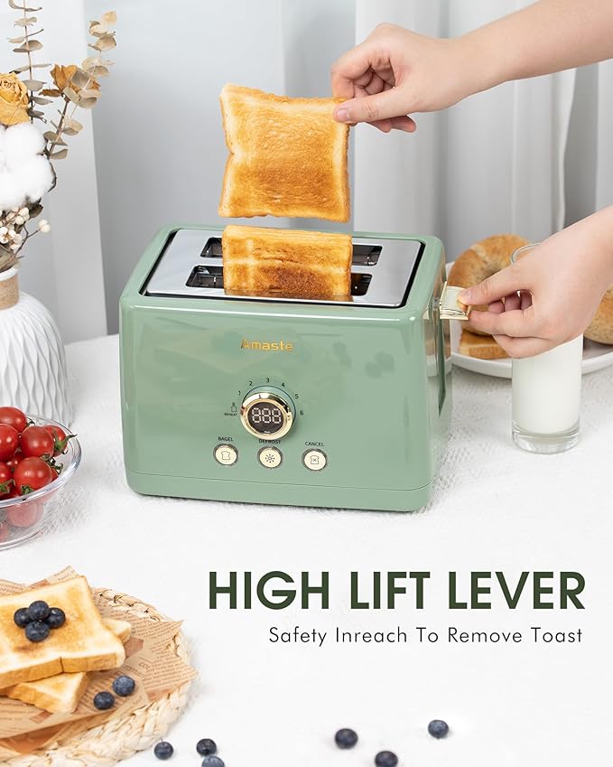 2 Slice Toaster, Retro Bread Toaster with LED Display, Extra Wide Slots Toasters with 6 Bread Shade Settings, Bagel, Cancel, Defrost Function, Stainless Steel with High Lift Lever, Removal Crumb Tray
