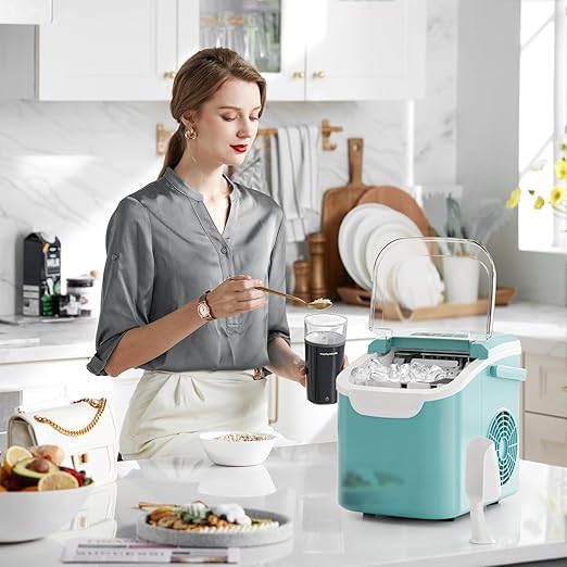 Kismile Ice Makers Countertop with Handle,8 Cubes in 6 Mins,Portable Ice Maker Machine with Self-Cleaning for Home/Office(Green)