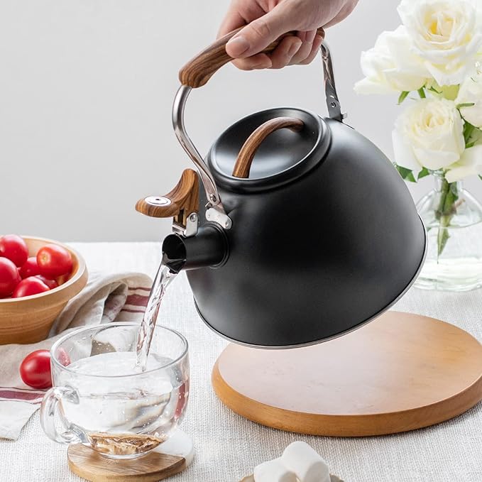 3.2 Quart Whistling Tea Kettle for Stove Top Stainless Steel Tea Pots With Wood Pattern Anti-slip Handle, Black…