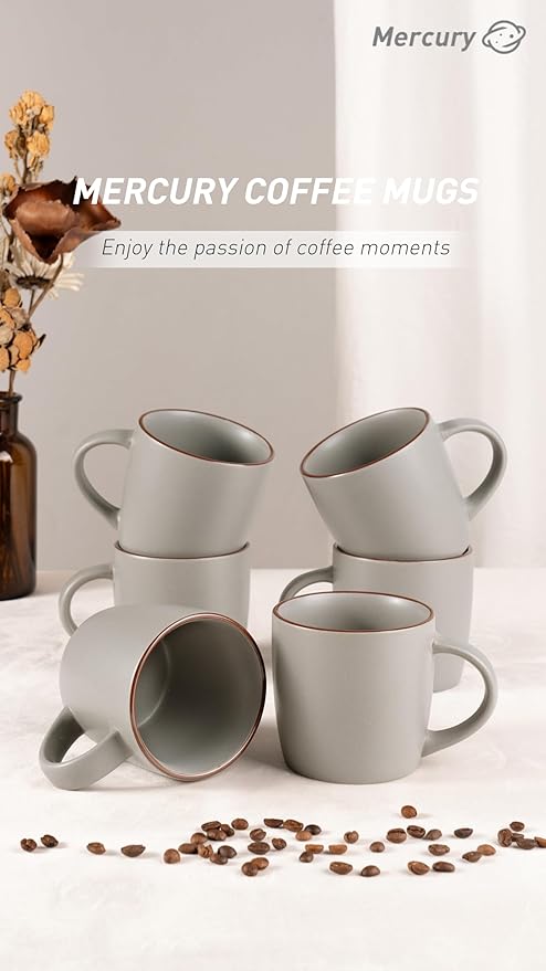 famiware Mercury Coffee Mugs 13 oz, Coffee Mugs Set of 6 with Handle, Cups for Latte, Hot Tea, Cappuccino, Mocha, Cocoa, Dark Grey