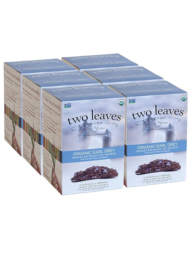 Two Leaves and a Bud Organic Earl Grey Tea Bags, Whole Leaf Caffeinated Black Tea in Compostable Sachets, Caffeinated Black Tea Flavored with Bergamot, Add Milk and Sugar, 15 Count (Pack of 6)